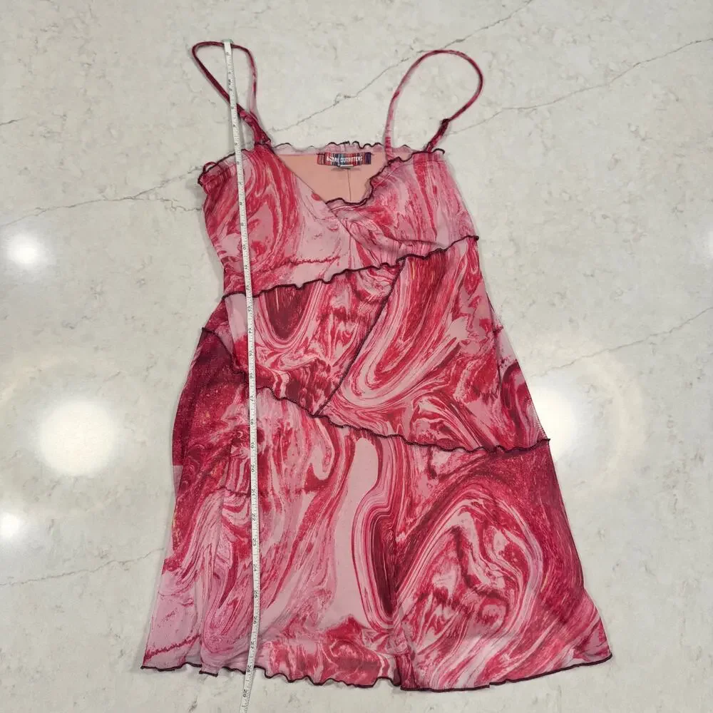 Y2K Barbiecore Mesh Mini Dress Pink Sheer Slip Ruffle Festival Coquette Small - Picture 4 of 16